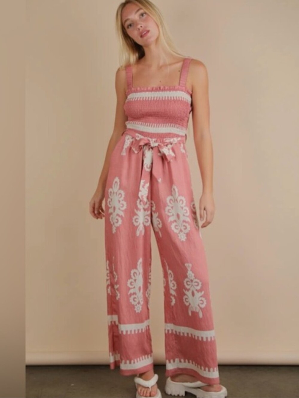 Smocked Pink Wide-Leg Jumpsuit with White Print